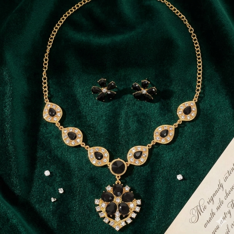 Flower Design Black Stone Necklace